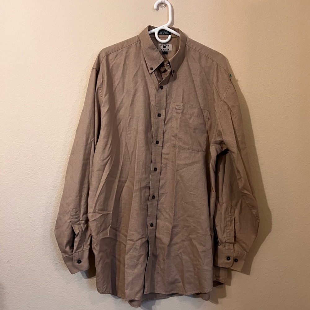 Vintage Tan Dress Shirt, Long-Sleeve Button Down casual Cotton Shirt